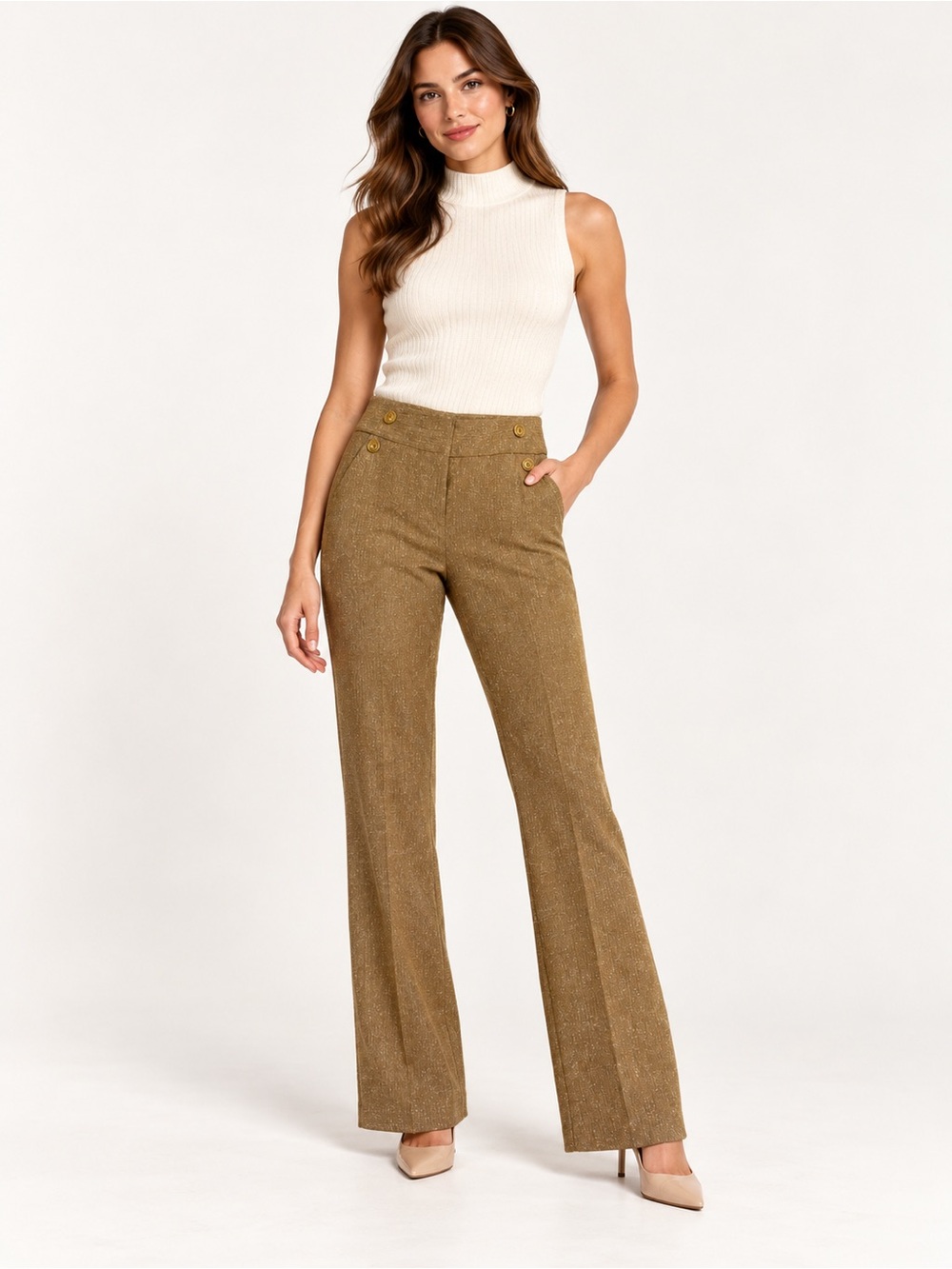 CAbi Women’s Size 2 Gold Brown Textured Button Detail Flare Dress Pants Trousers